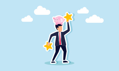 A businessman holding a star with a piggy bank above his head, illustration of the importance of improving product quality to increase business investment