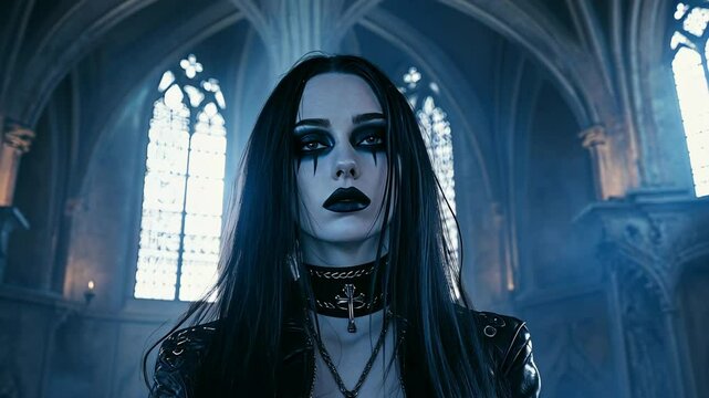 Intriguing goth woman in dark attire poses dramatically in gothic cathedral