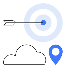 Arrow hitting bullseye with two concentric circles, a cloud outline, and a blue location pin. Ideal for themes of goal setting, accuracy, navigation, focus, cloud computing, location tracking