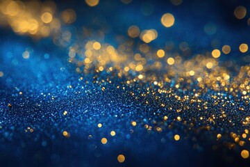 Glittering gold and blue bokeh texture, dark background, celebratory backdrop