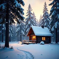 Naklejka premium Snowflakes gently fall on a secluded cabin in the woods, peaceful, winter