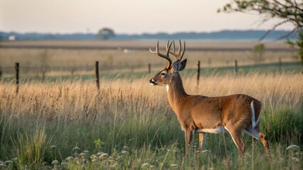 Fototapeta premium A majestic white-tailed deer buck with a reddish-brown coat and white underside stands in a field of tall grass on Texas farmland at dawn, landscape, agriculture, outdoors