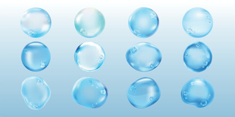 Transparent bubbles floating, various sizes. Clear bubbles on a transparent background. Light blue bubbles create a floating effect. Bubbles in motion. Soap bubble element vector set.