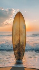 A surfboard stands on the beach at sunset, capturing a moment of leisure and adventure.