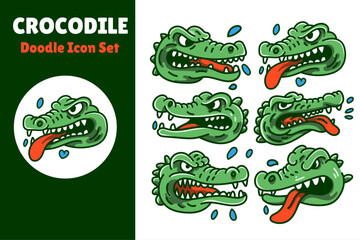 set of cartoon Crocodile Doodle icon illustration