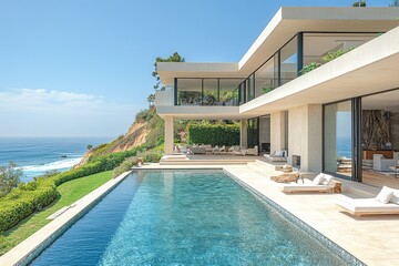 Ultra-luxury mansion in Malibu with a modern swimming pool, ocean view, loungers, and green hedges, overlooking the coastline on a sunny day.