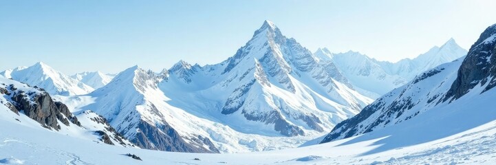Obraz premium Snowy mountain landscape with rugged peaks and white snow, high, snowfall, elevated