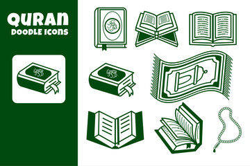 Quran Religion Book Set Doodle Icon Vector Illustration
