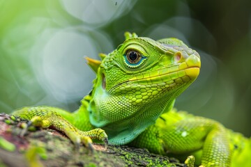 Obraz premium Close-up view of a green Plumed basilisk Lizard (Basiliscus plumifrons) on the tree, focus on eye, with shallow depth of field