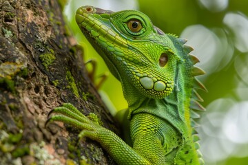 Obraz premium Close-up view of a green Plumed basilisk Lizard (Basiliscus plumifrons) on the tree, focus on eye, with shallow depth of field