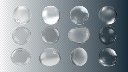 Set of 12 realistic water droplets on a transparent background. Water droplets vary in shape and size. Perfect for design projects needing water effects. Soap bubble element vector set.