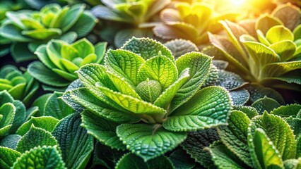 Obraz premium A symphony of emerald leaves, each a delicate canvas for shimmering dew drops, bathed in the golden glow of the afternoon sun.