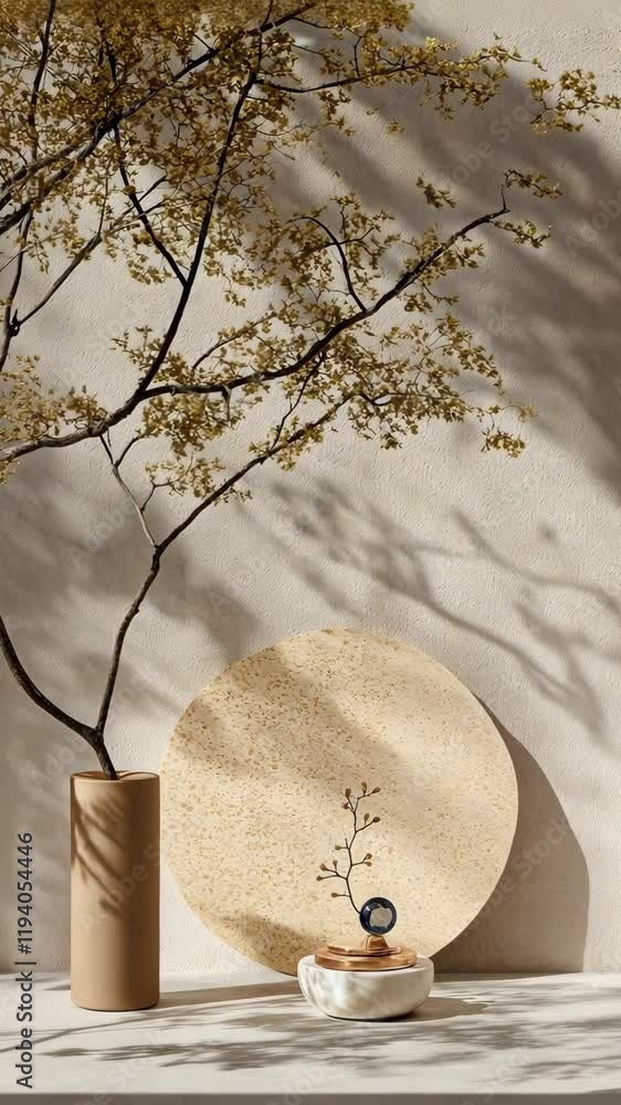 Poster decorative arrangement of minimalist vases and natural elements in soft lighting highlighting textur