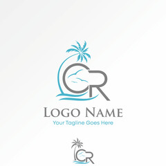 Fototapeta premium Logo design graphic concept creative premium vector stock image graphic initial CR font palm birds wave sunrise island travel tourism exotic paradise