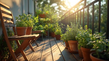 Fototapeta premium A charming herb balcony garden featuring terracotta pots filled with fragrant herbs like thyme, oregano, and parsley, sunlight casting gentle shadows,