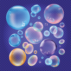 Colorful bubbles on a transparent background. Bubbles in various sizes, vibrant and translucent. Floating bubbles create a playful, colorful scene. Soap bubble element vector set.