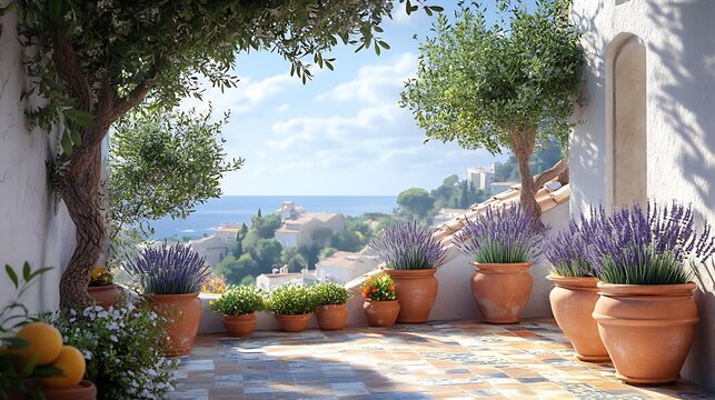 A charming Mediterranean balcony garden with lavender-filled terracotta pots, olive trees, and a mosaic-tiled table, surrounded by warm white walls and dappled sunlight, photorealistic, hd quality.