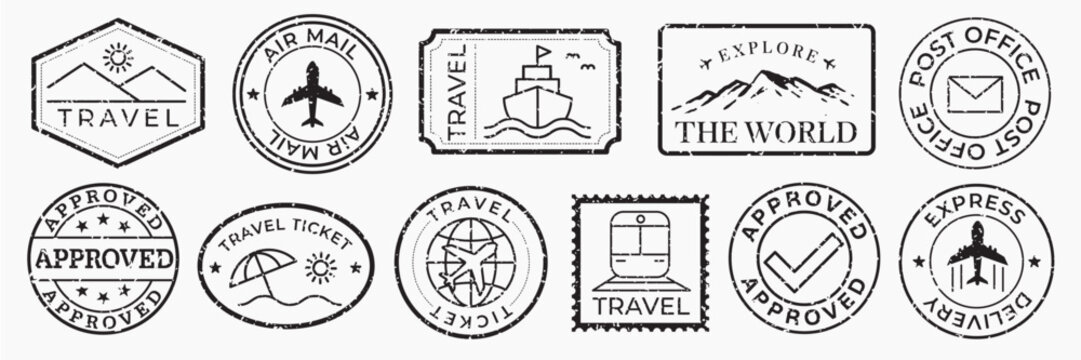 Vintage travel stamps with travel themes. Air mail, travel, and approved stamps. Travel icons include planes, ships, and trains. Explore the world with travel stamps. Black travel stamps, vector set.
