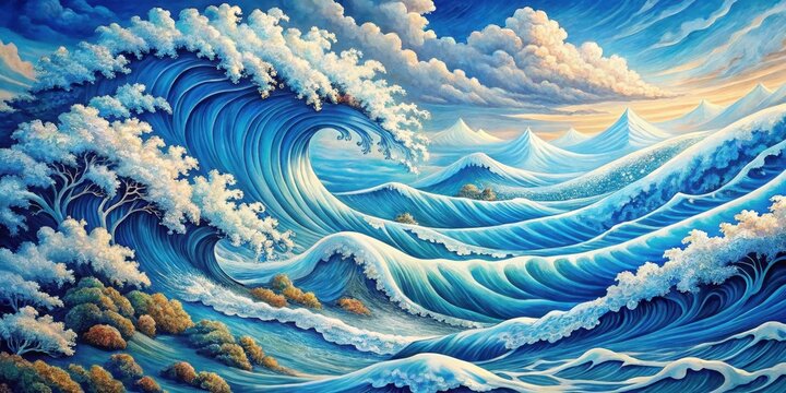 A swirling blue ocean wave with cresting white foam crashes over a landscape of rolling blue hills and scattered trees under a sky of fluffy white clouds