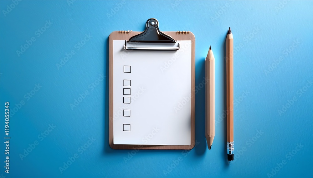 Poster a clean clipboard with checkboxes and a pencil positioned on a blue background, ideal for note-takin
