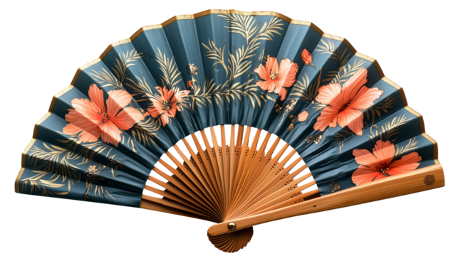 Handheld folding fan with a tropical floral pattern, isolated on transparent background. 