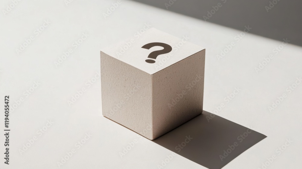 Poster minimalist white cube with question mark symbol on a light surface, creating an air of mystery and c