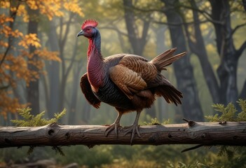 Fototapeta premium A plump and juicy wild turkey perched on a rustic wooden branch , organic meat, wilderness habitat , free-range turkey