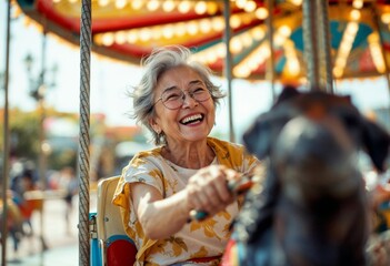 Fototapeta premium Senior Woman's Delightful Carousel Ride