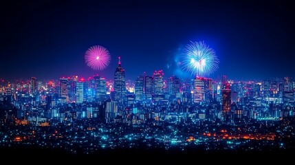 Obraz premium Nighttime Cityscape with Fireworks Display Over Buildings
