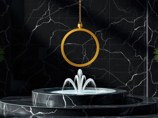 A radiant gold circle pendant hangs above a polished black marble fountain, black marble, high-end...