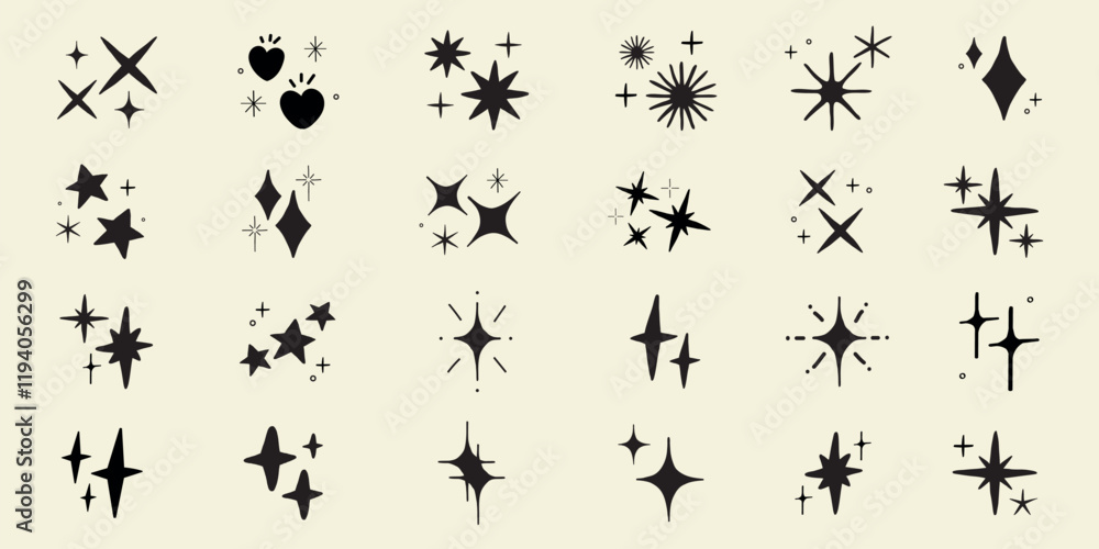 Poster collection of black starburst icons in various shapes. starburst designs feature different styles an