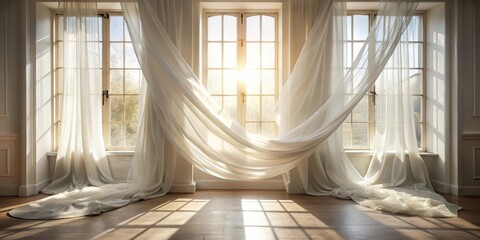 Obraz premium Sunlight Streams Through Sheer Curtains, Creating a Serene and Airy Atmosphere in a Room with Wooden Floors