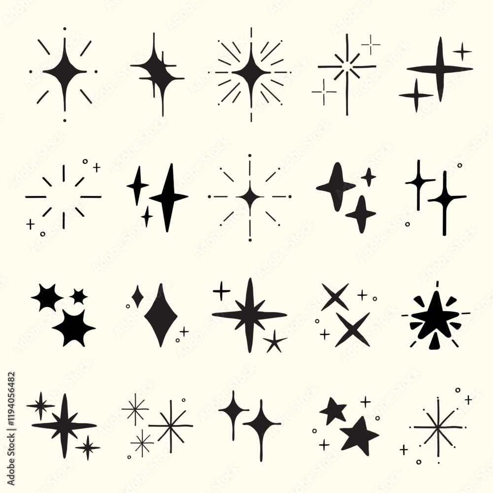 Poster collection of black starburst icons in various shapes. starburst designs feature different styles an