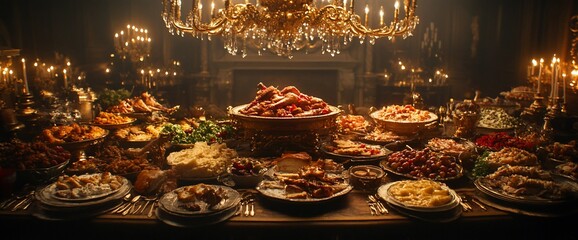 Lavish banquet table laden with gourmet food, under a glittering chandelier.