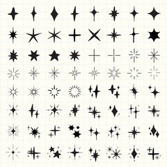 Collection of black starburst icons in various shapes. Starburst designs feature different styles and sizes. Perfect for graphic design and decoration. Element vector set.