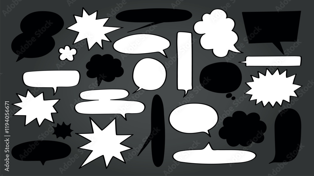 Poster set of black speech bubbles in various shapes. speech bubbles include stars, clouds, and ovals. perf