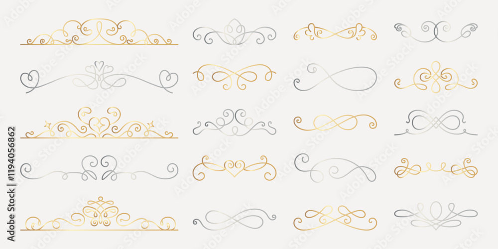 Poster vector set. elegant gold and silver decorative dividers with intricate swirls and curls. perfect for