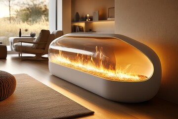 Sleek modern fireplace with white metal frame and glass panel cover, glowing flames, cozy ambiance, plush rug, sofa, and chairs in a minimalist living room.