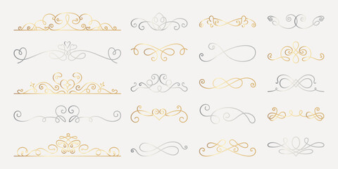 Vector set. Elegant gold and silver decorative dividers with intricate swirls and curls. Perfect for adding a touch of elegance and sophistication to designs. Hand drawn ornament vector set.
