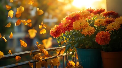 A cozy autumn balcony garden adorned with potted chrysanthemums in rich oranges, reds, and yellows, complemented by golden fallen leaves scattered around,