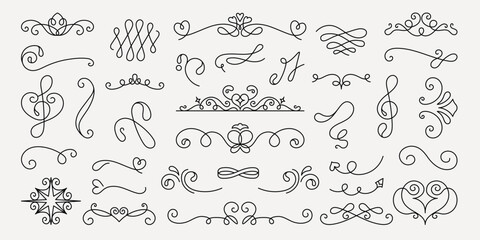 Vector set. Collection of vintage decorative flourishes and swirls. Elegant swirls and flourishes for design. Perfect for vintage-themed projects and ornate designs. Hand drawn ornament vector set.