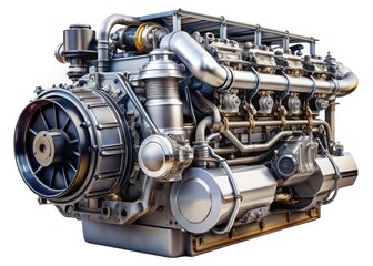 Fototapeta premium Powerful Industrial Engine, Isolated White Background - Stock Photo, Heavy Machinery, Diesel Engine, Mechanical Engineering