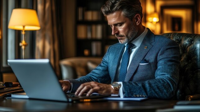Mature businessman in suit works on laptop in luxurious study.