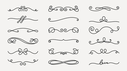 Obraz premium Vector set. Collection of vintage decorative flourishes and swirls. Elegant swirls and flourishes for design. Perfect for vintage-themed projects and ornate designs. Hand drawn ornament vector set.