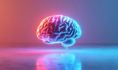 Glowing neon brain, red and blue light, reflective surface.