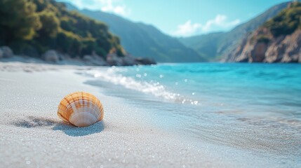 Obraz premium Seashell on a Tranquil Beach with Scenic Mountain Views