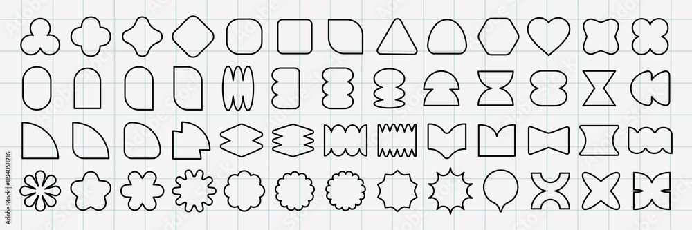 Poster grid with various geometric shapes. shapes include circles, squares, triangles, and stars. geometric