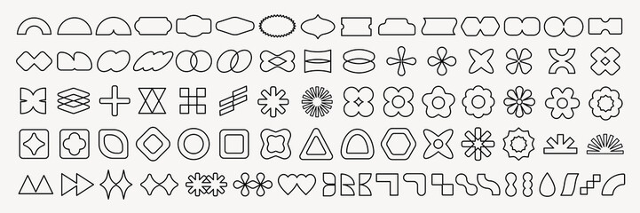 A collection of abstract shapes in various geometric forms. Includes circles, squares, and triangles. Perfect for design projects and creative layouts. Black shapes, vector element set.
