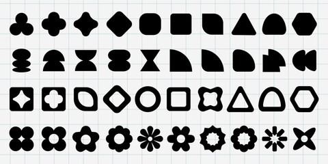 Vectors. Grid of black geometric shapes. Various geometric shapes like circles, squares, triangles. Geometric shapes repeated in a grid pattern. Shapes on a grid. Black shapes, vector set.