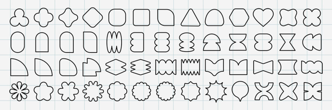Grid with various geometric shapes. Shapes include circles, squares, triangles, and stars. Geometric shapes in a neat, organized grid pattern. Black shapes, vector element set.